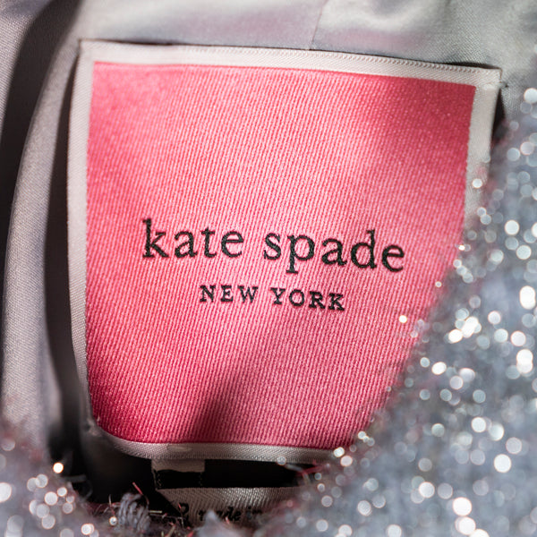 Kate Spade Tinsel Tweed Silver Metallic Sparkle Pea Coat Jacket Crystal Button 2