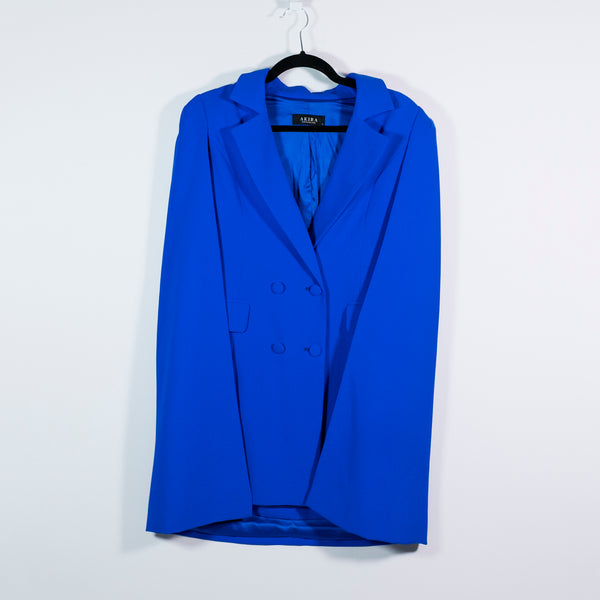 Akira Women's Double Breasted Crepe Collared Capelet Blazer Jacket Cobalt Blue S