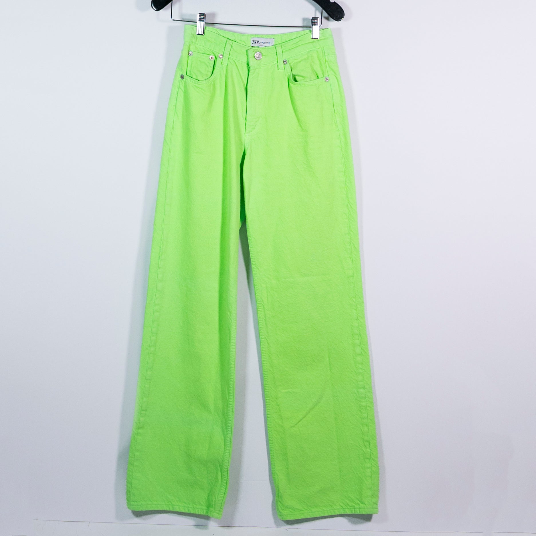 Zara Women's The Boogie Cotton Straight Leg Neon Green Denim Jean Pants 0