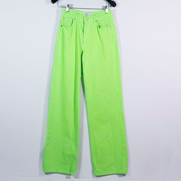 Zara Women's The Boogie Cotton Straight Leg Neon Green Denim Jean Pants 0
