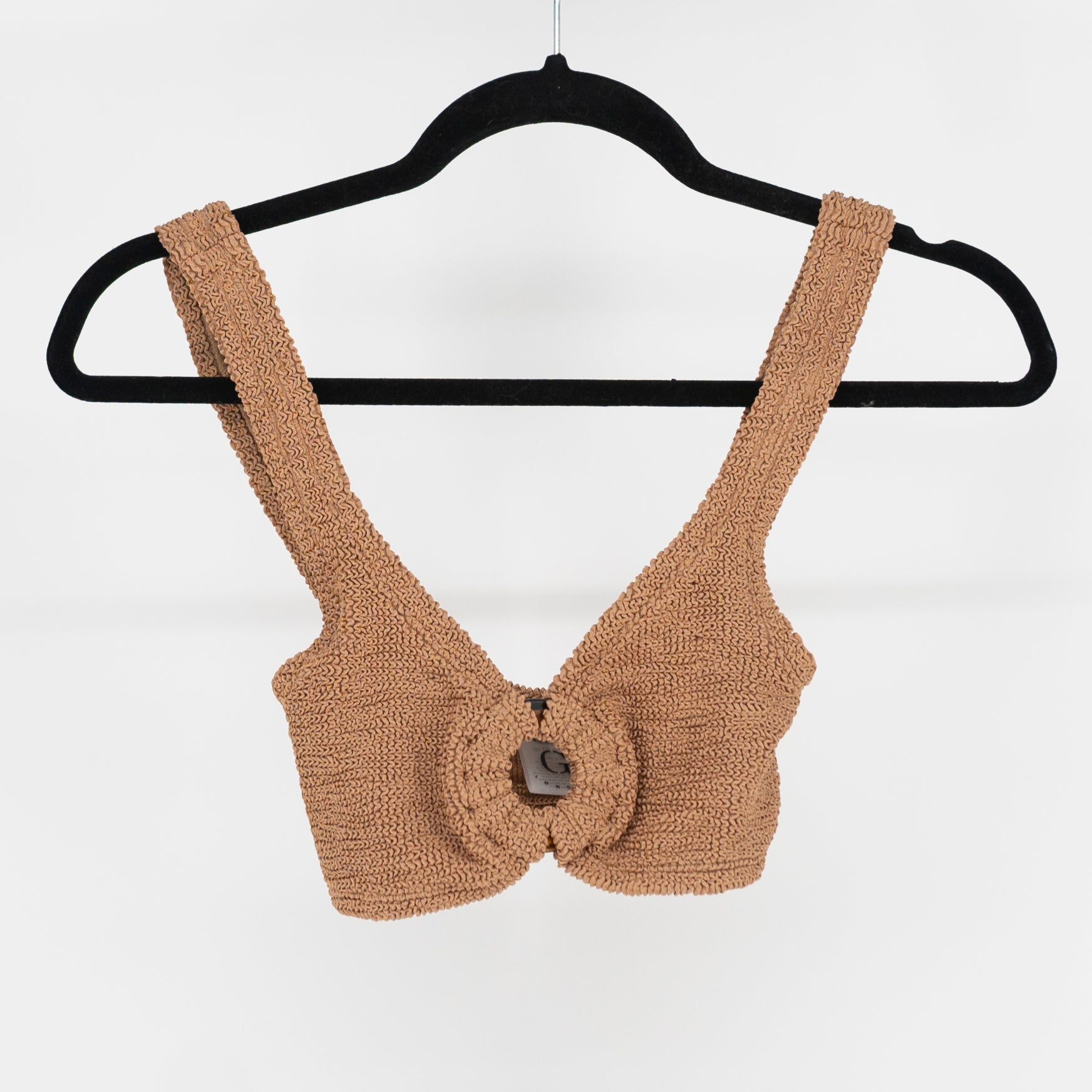 Hunza G Nadine Knit Crochet Stretch Bikini Bathing Suit Top Cocoa Brown