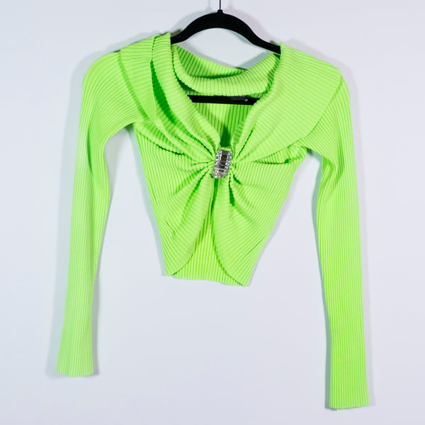 David Koma Crystal Rhinestone Jewel Diamond Buckle Ruched Long Sleeve Knit Top S