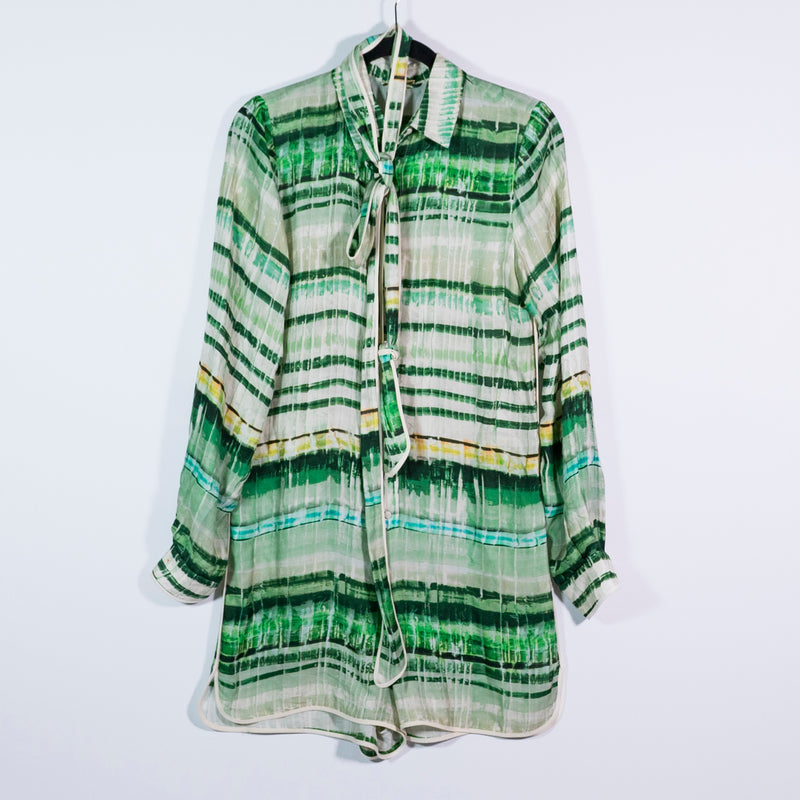 ALEXIS Florentyn Silk Blend Chiffon Collared button Down Belted Romper Emerald S