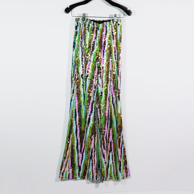 Meghan Fabulous LA Sequin Glitter Sparkle Party Chic Flare Pants Lime Glitter XS