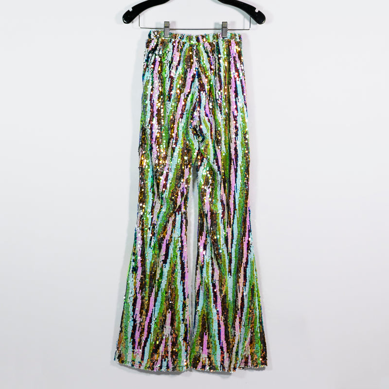 Meghan Fabulous LA Sequin Glitter Sparkle Party Chic Flare Pants Lime Glitter XS