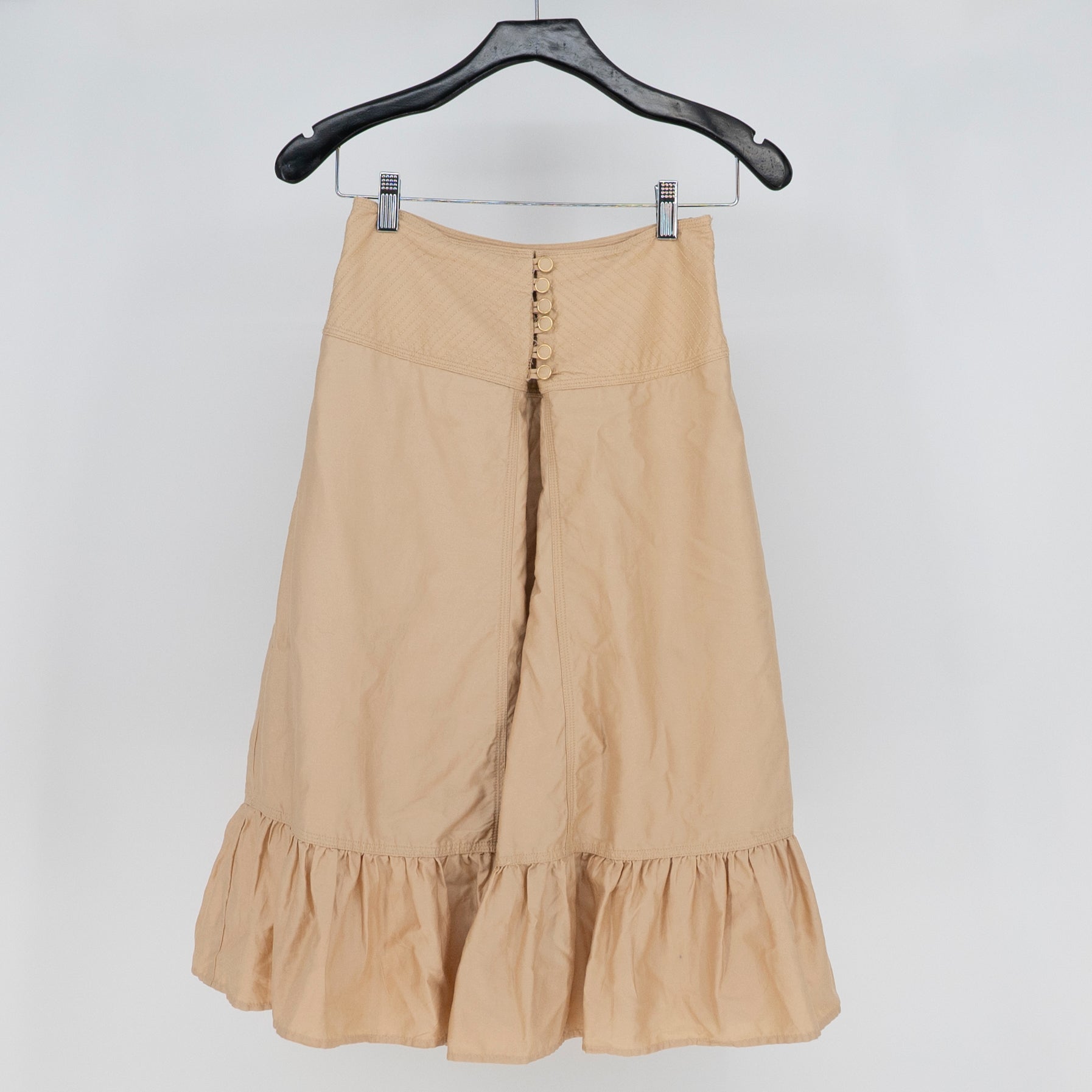 Farm Rio Khaki Topstitching Yoke Cotton Poplin Ruffle Maxi Skirt XXS