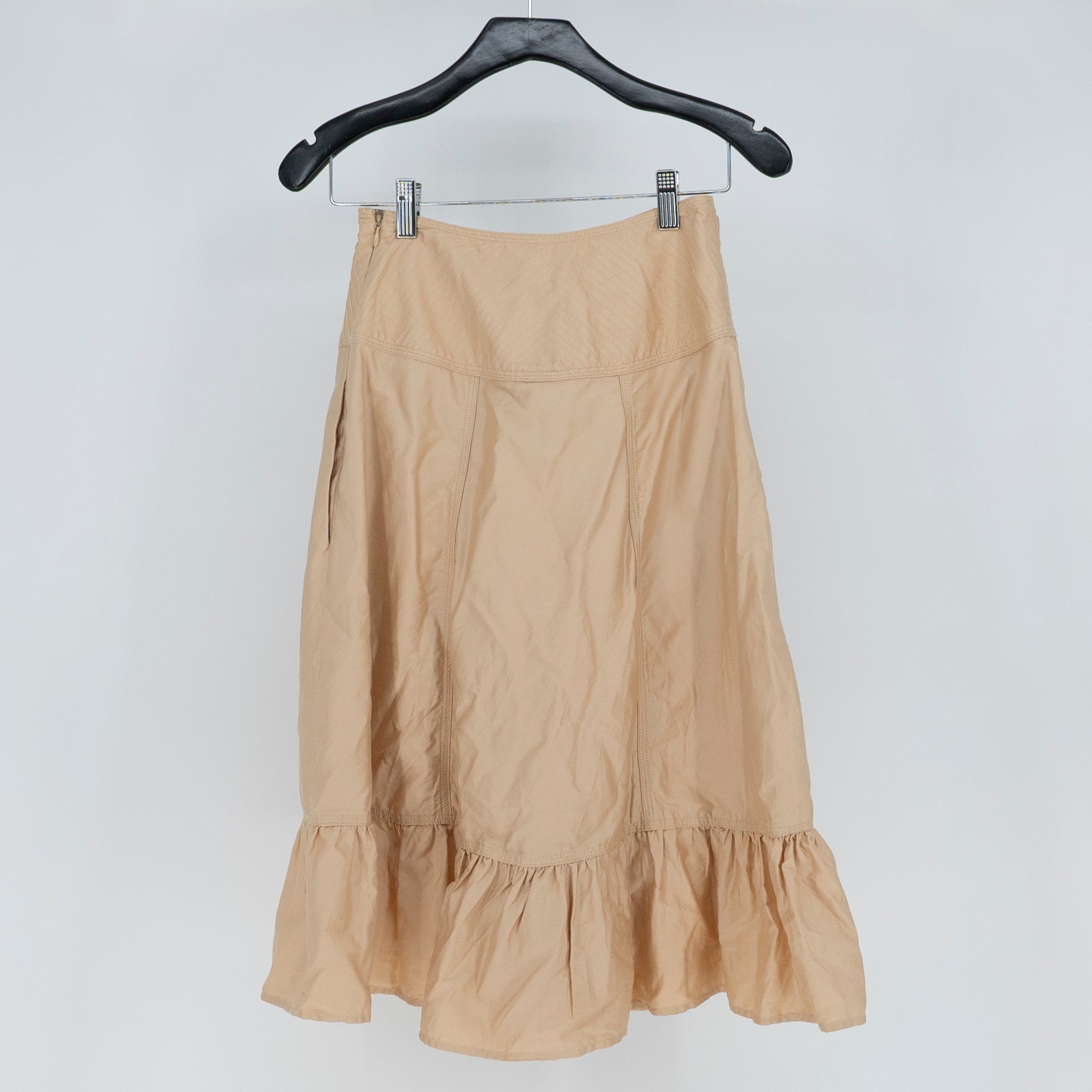 Farm Rio Khaki Topstitching Yoke Cotton Poplin Ruffle Maxi Skirt XXS