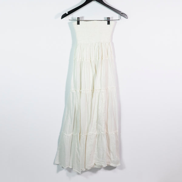 Jen's Pirate Booty Cotton Smocked Stretch Strapless Tiered Midi Dress White XS