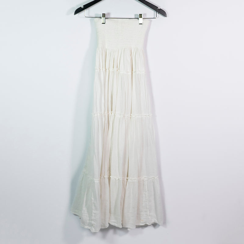 Jen's Pirate Booty Cotton Smocked Stretch Strapless Tiered Midi Dress White XS