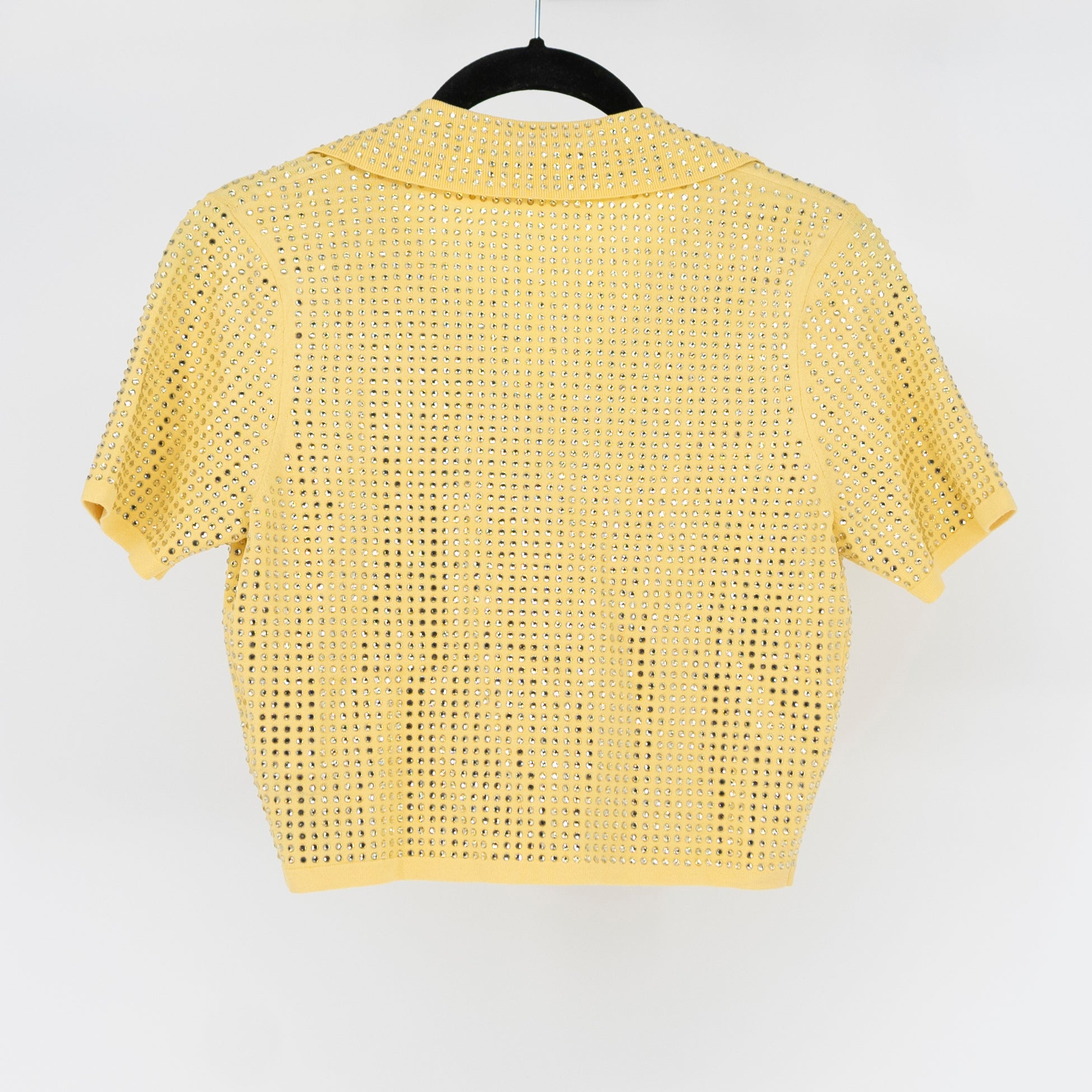 Sandro Women's Rhinestone Crystal Jewel Knit Polo Copped Sweater Yellow 0