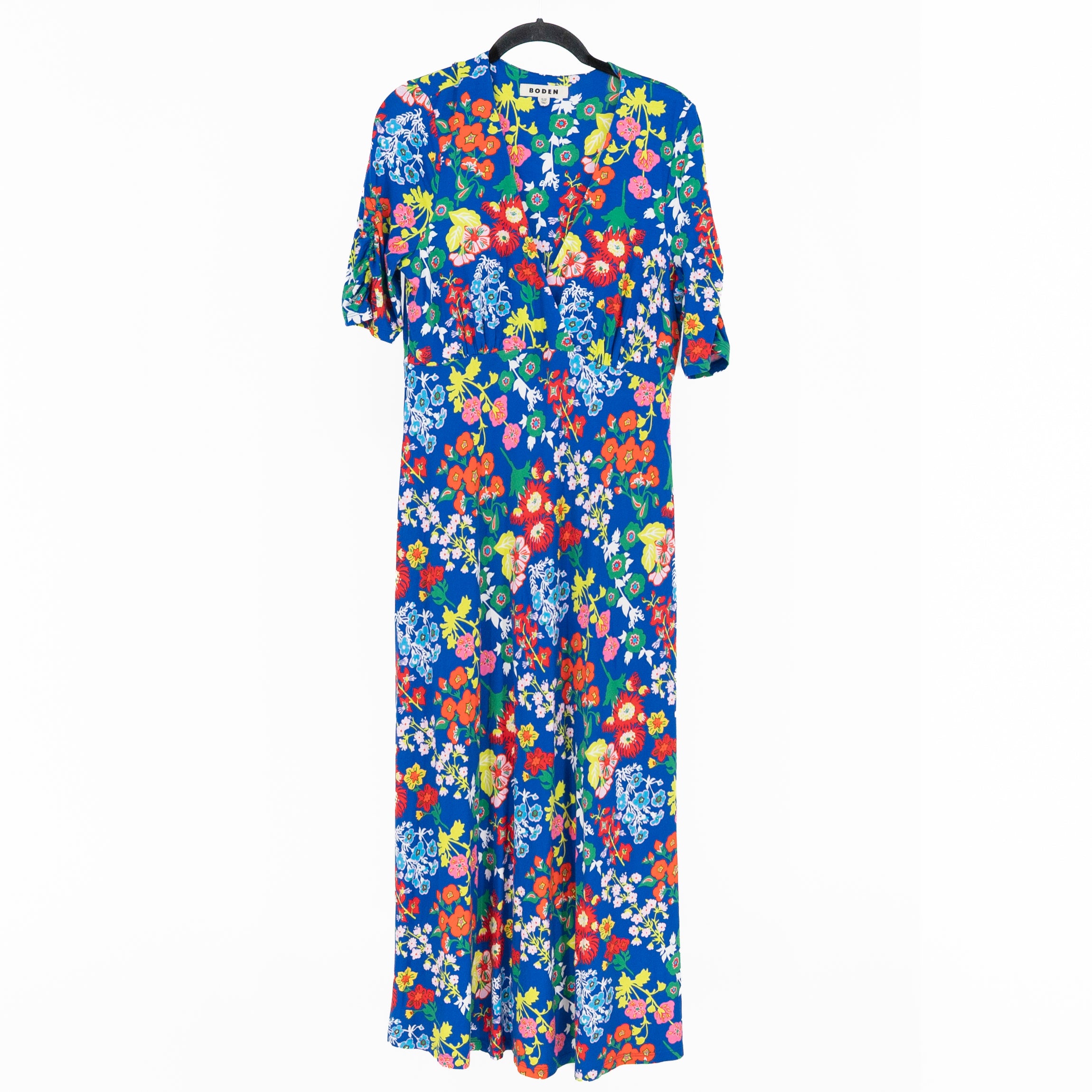 Boden Rebecca Jersey Knit Stretch V Neck Midi Tea Dress Blue Wildflower Cluster
