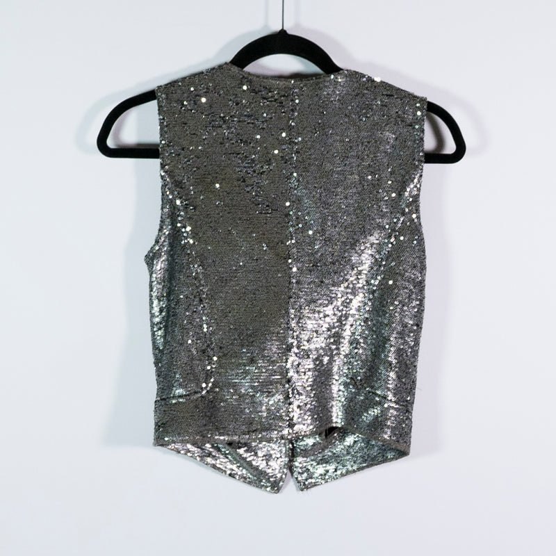 Georgie Sequin Glitter Sparkle Embellished Sleeveless Moto Vest Jacket Small