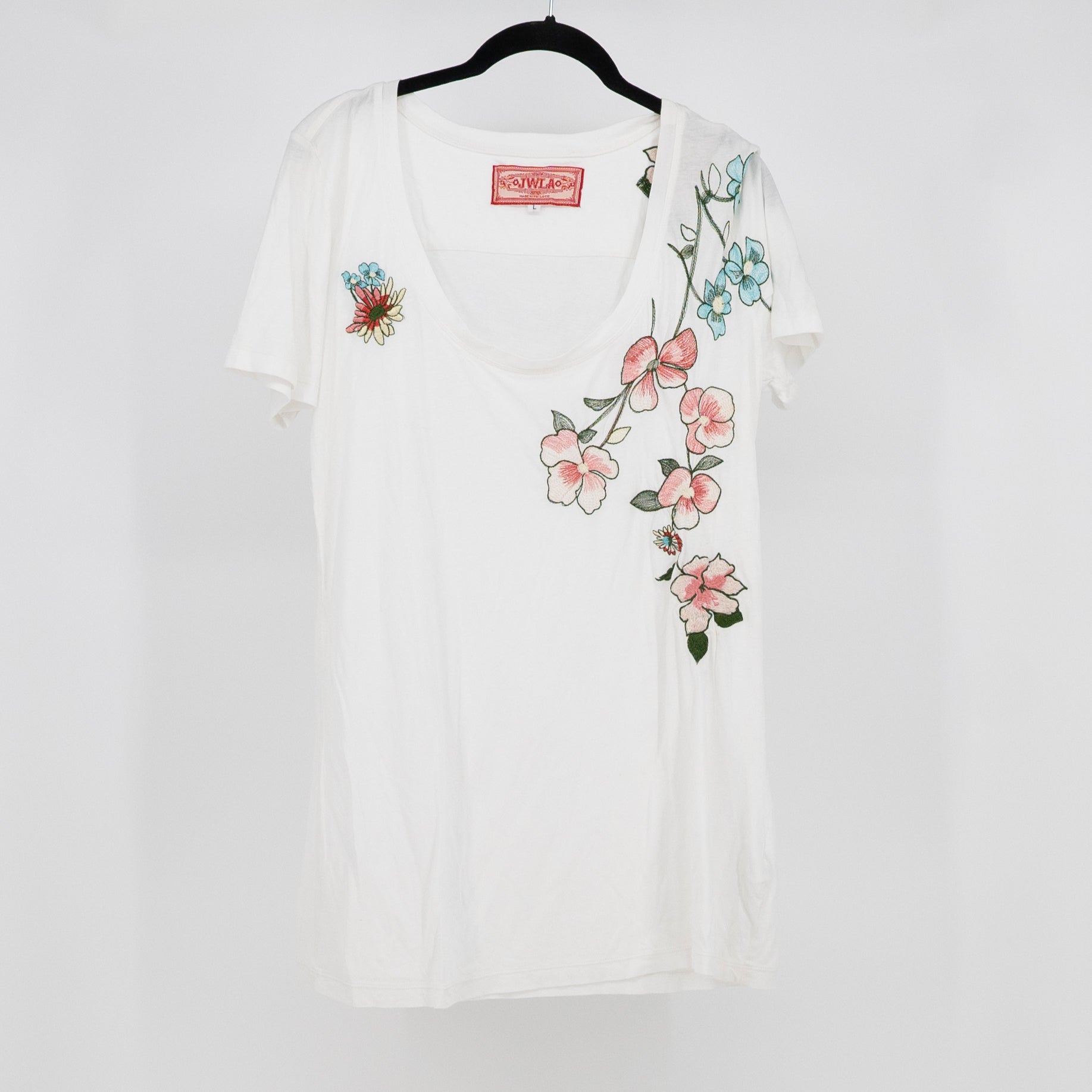 Johnny Was Cotton Modal Stretch Floral Embroidered V Neck Tee Shirt Top Large