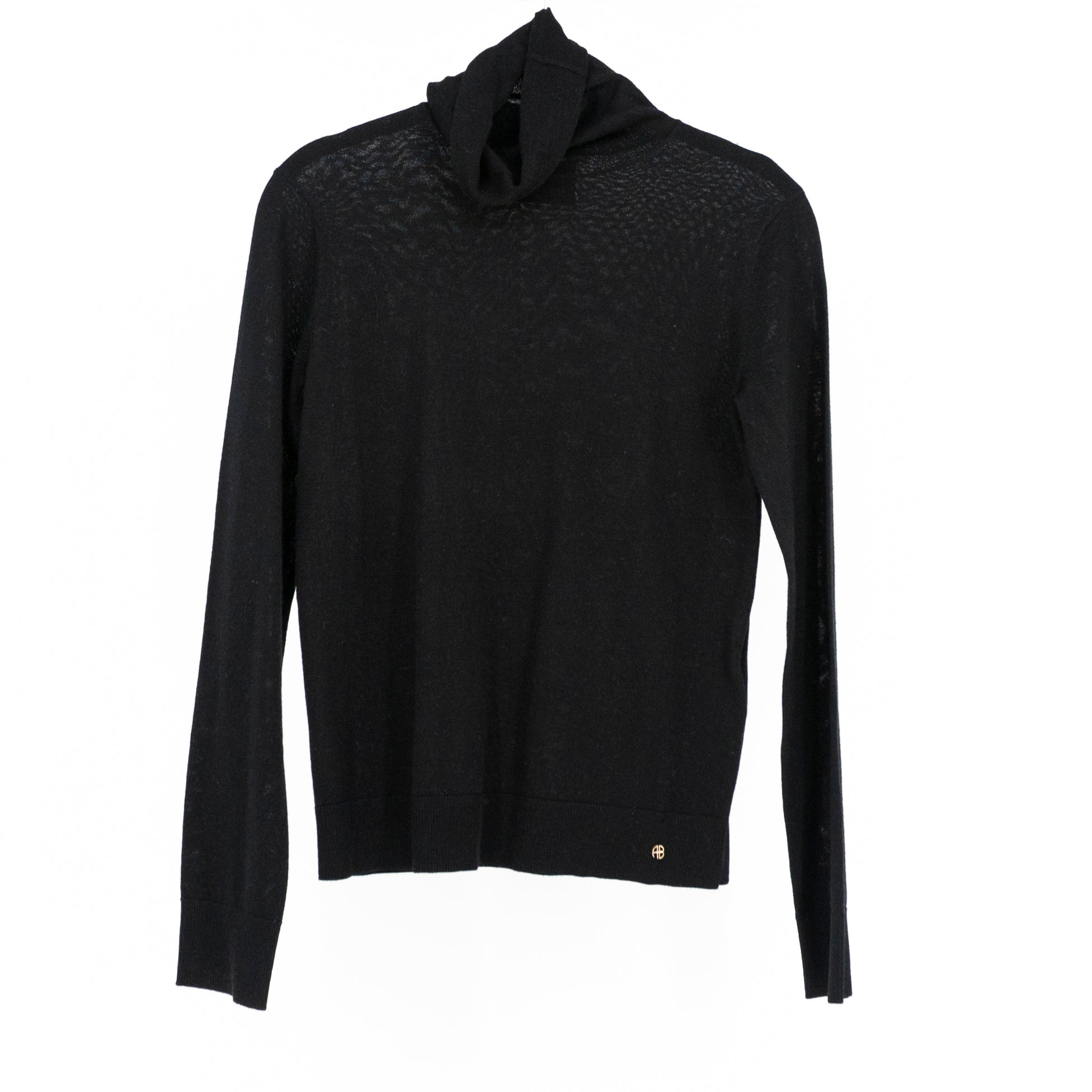 Anine Bing Ethan Wool Cashmere Lightweight Knit Stretch Turtleneck Sweater Black