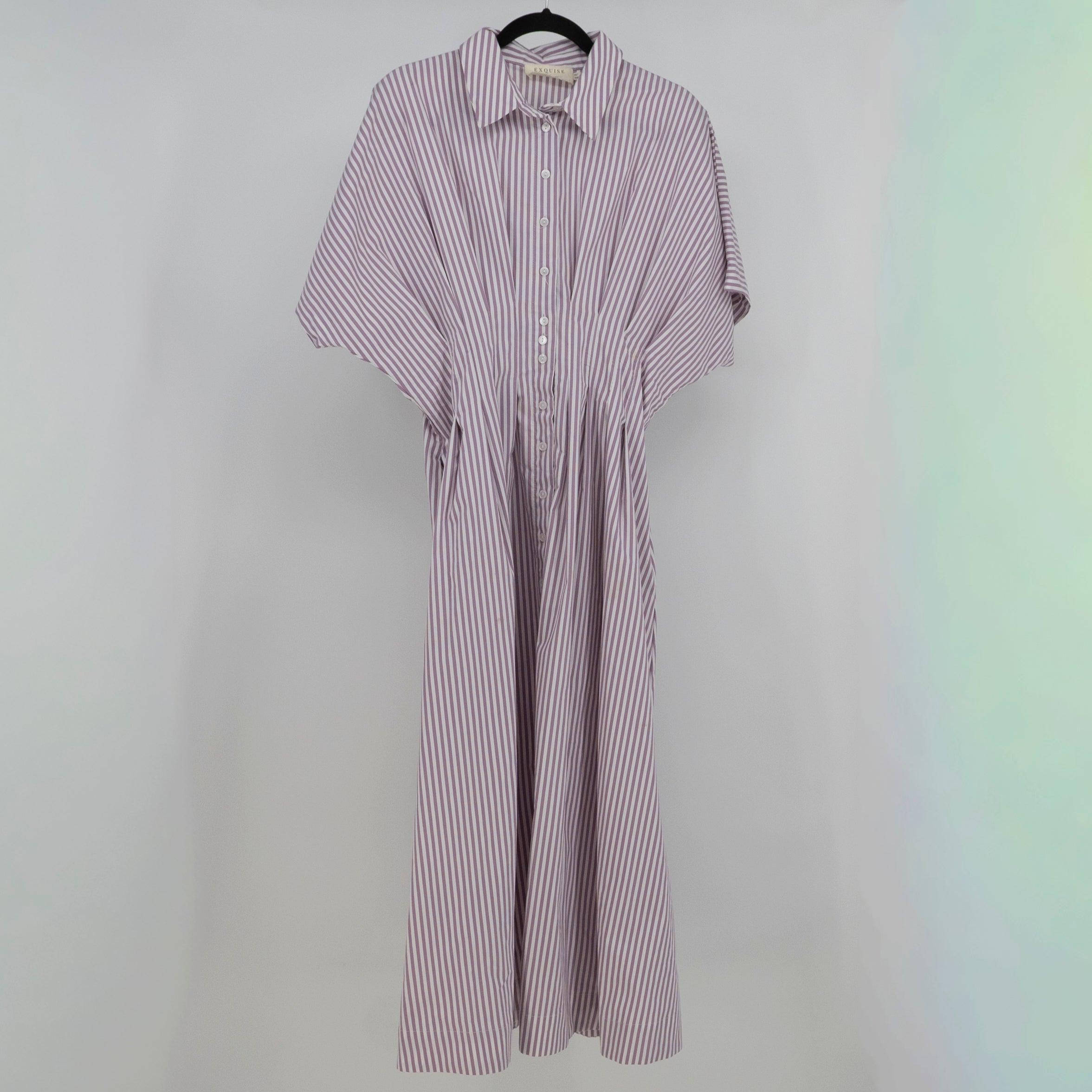Exquise The Tobie Cotton Poplin Button Front Midi Shirt Dress Purple Stripe L
