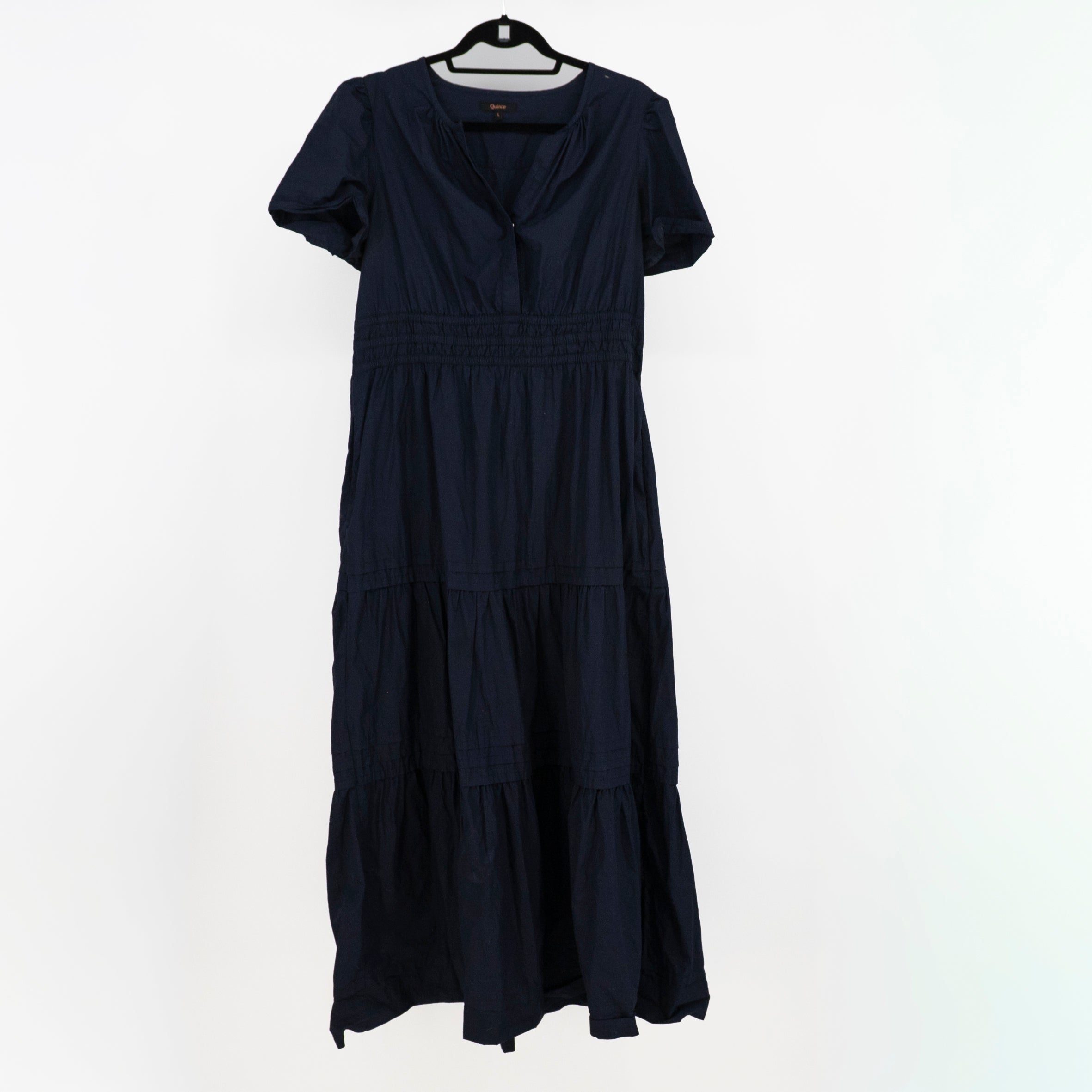 Quince Women's 100% Organic Cotton Poplin Tiered Pullover Maxi Dress Navy Blue L