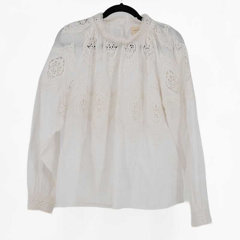 Sezane Cotton Eyelet Lace Mock Neck Long Sleeve Blouse White 46 / 14