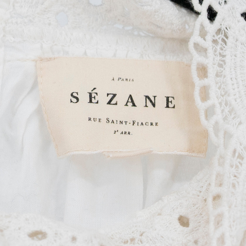 Sezane Cotton Eyelet Lace Mock Neck Long Sleeve Blouse White 46 / 14