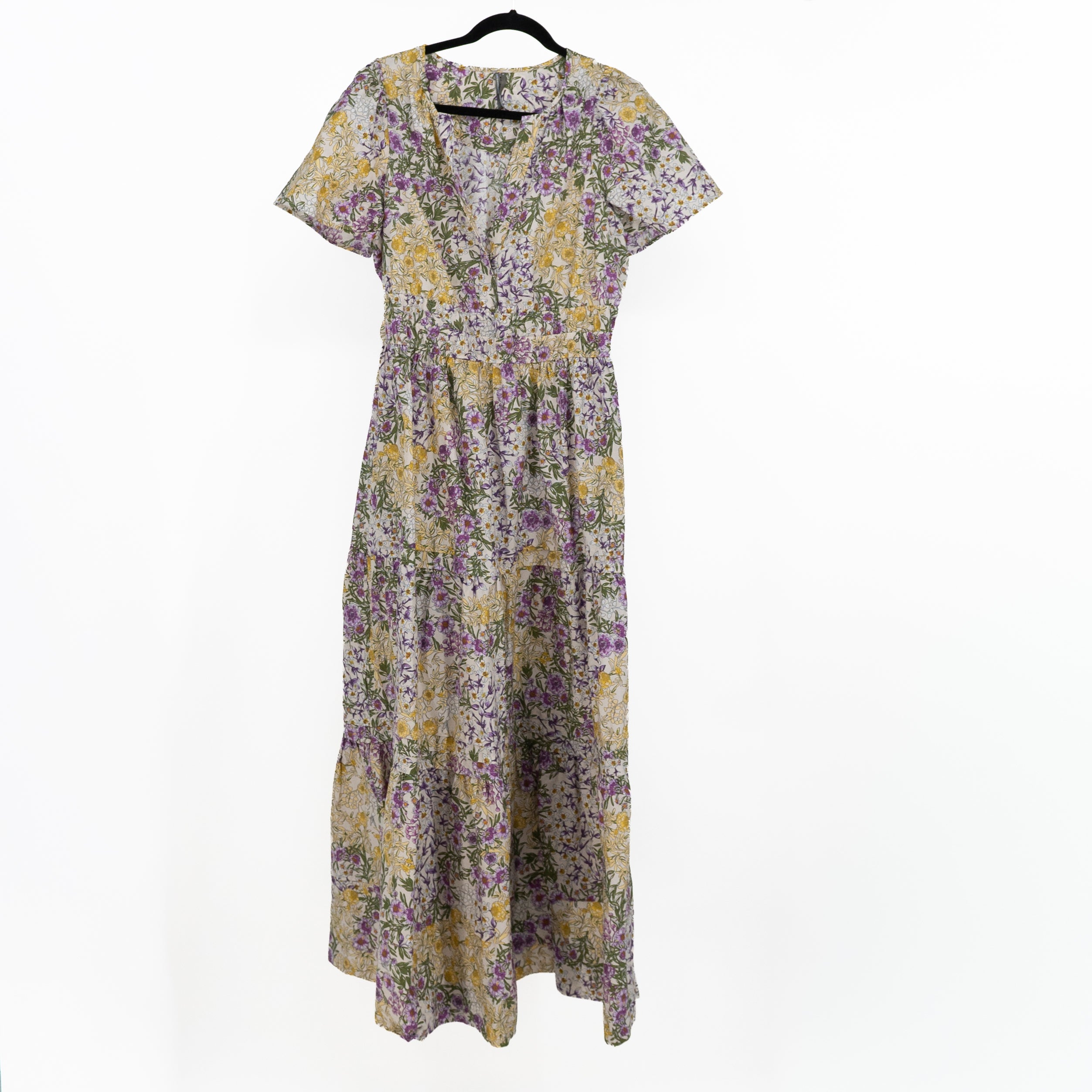 Anthropologie The Somerset Cotton Poplin V Neck Tiered Pullover Maxi Dress Print
