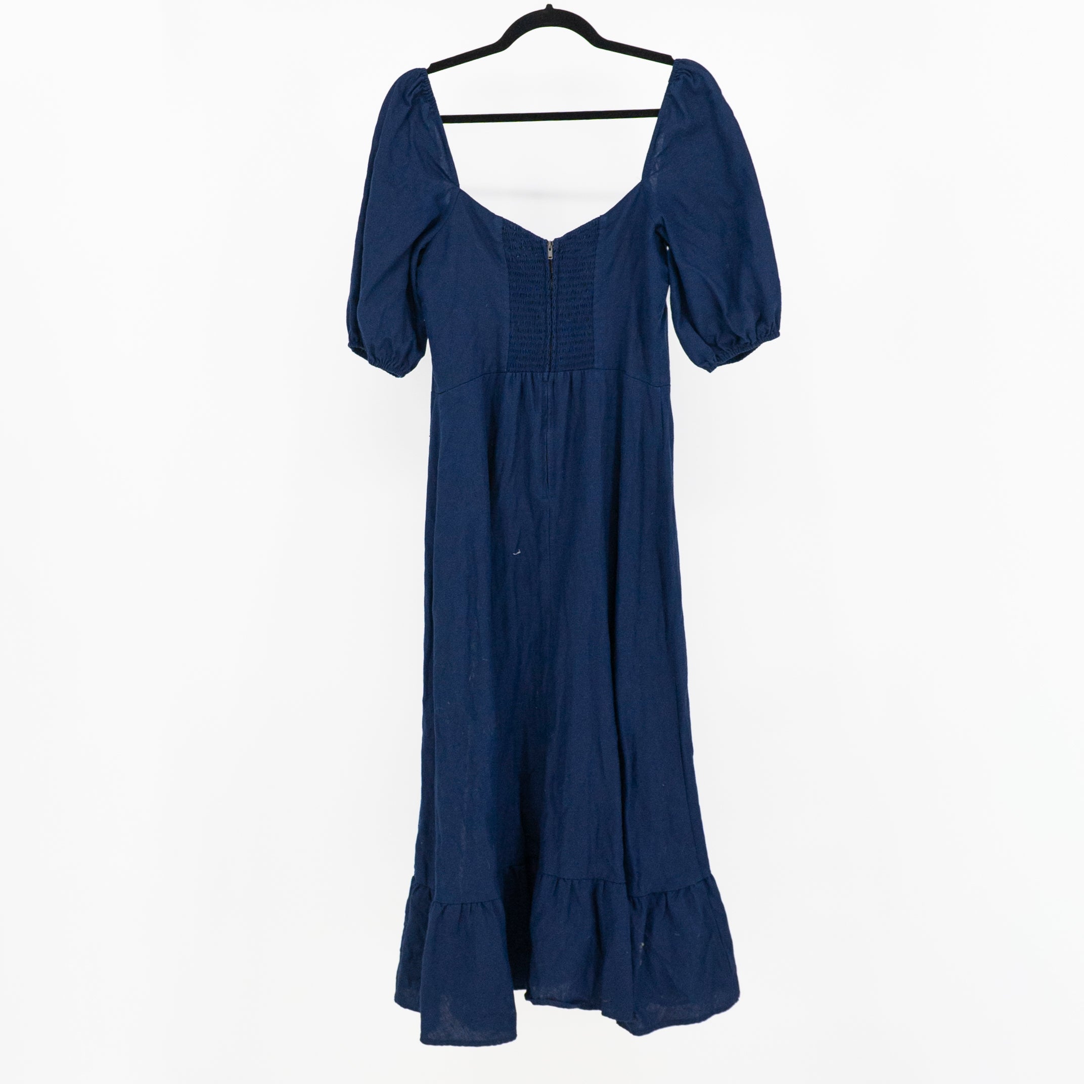 Reformation Belgium Linen Puff Short Sleeve Side Slit Ruffle Midi Dress Blue 8