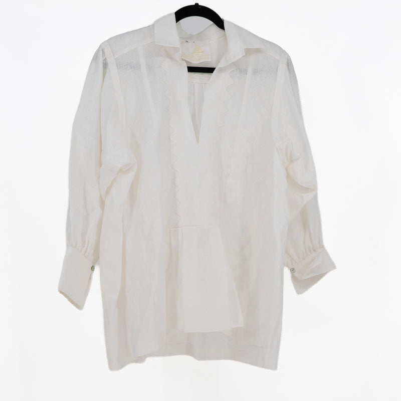 NEW Les Vacances Linen Collared V Neck Quarter Sleeve Blouse Shirt Top White S