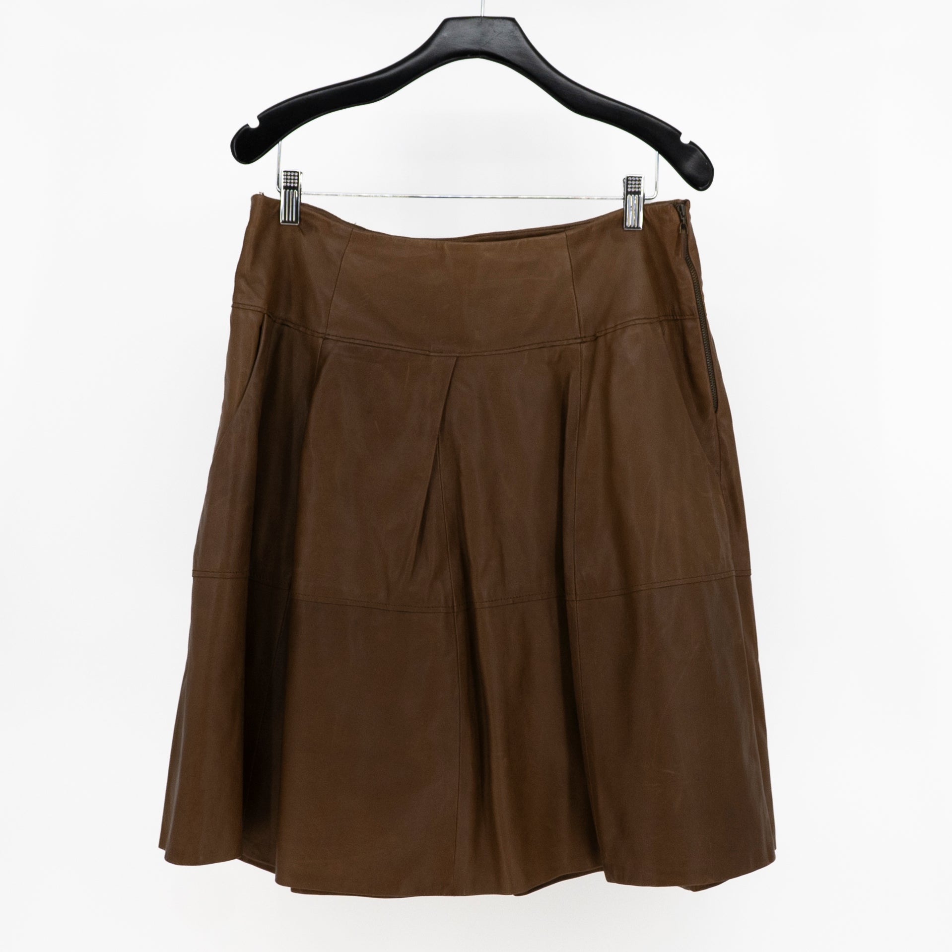 Brunello Cucinelli Genuine Leather A Line Pull On Mini Skirt Brown Tan 12