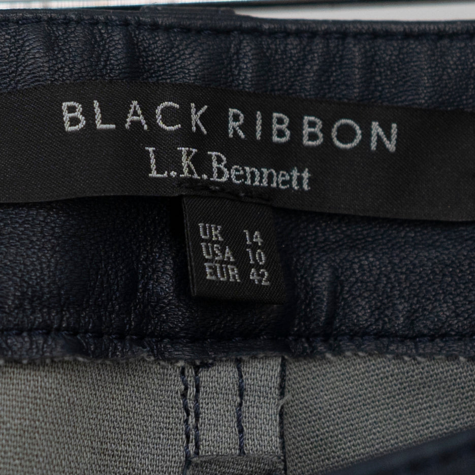 L.K. Bennett Black Ribbon Collection Genuine Leather Skinny Pants Navy Blue 10