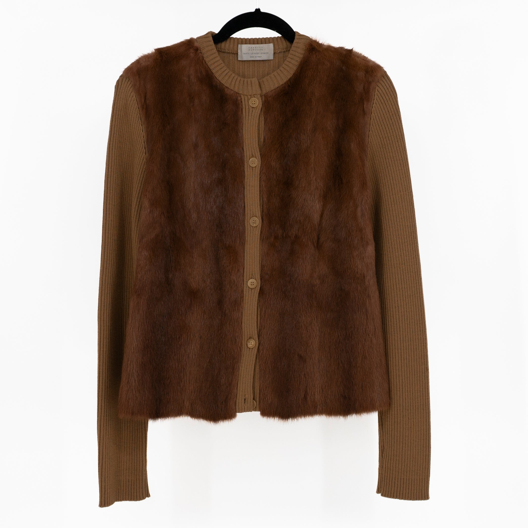 Barneys New York Genuine Fur Wool Cotton Knit Stretch Cardigan Sweater Brown L