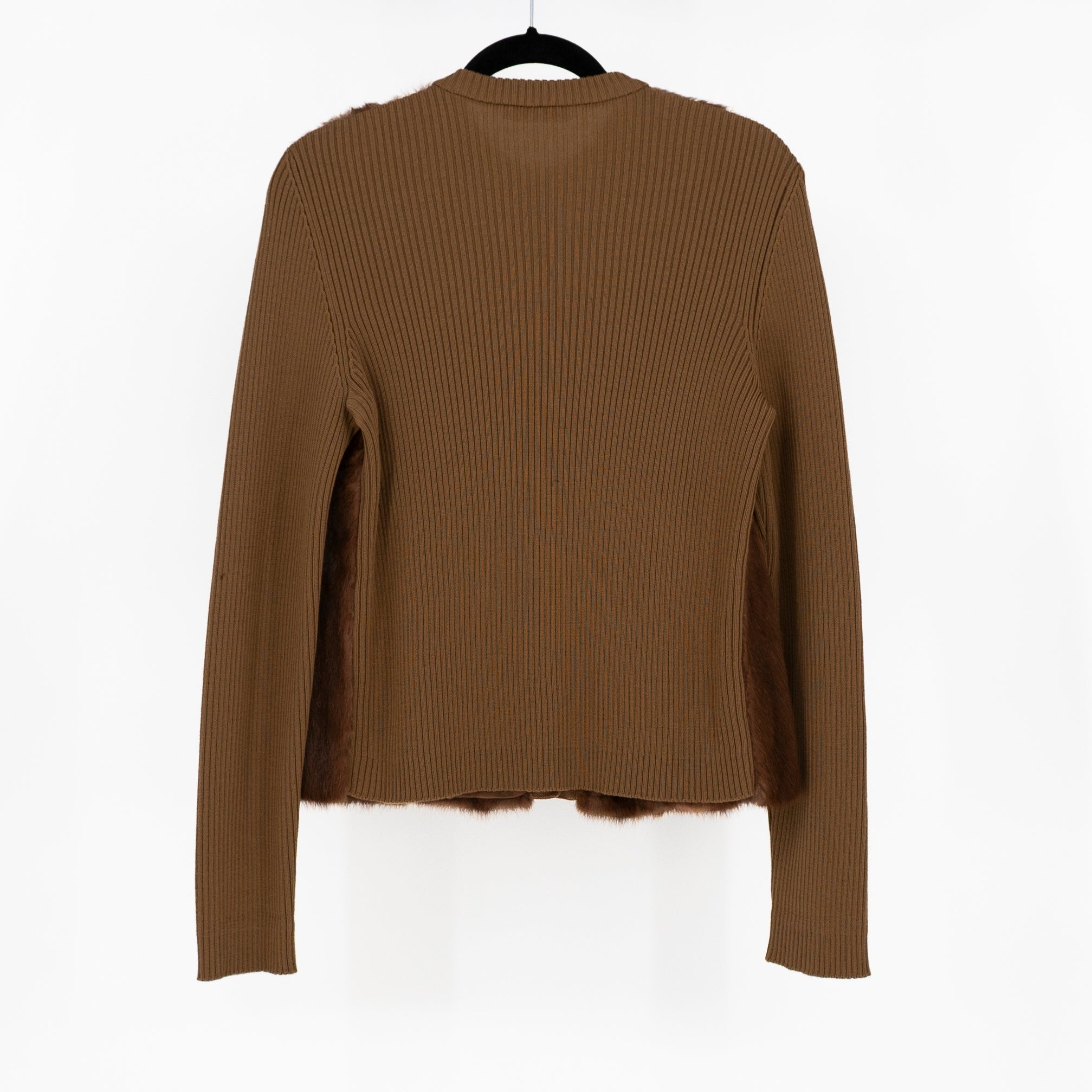 Barneys New York Genuine Fur Wool Cotton Knit Stretch Cardigan Sweater Brown L