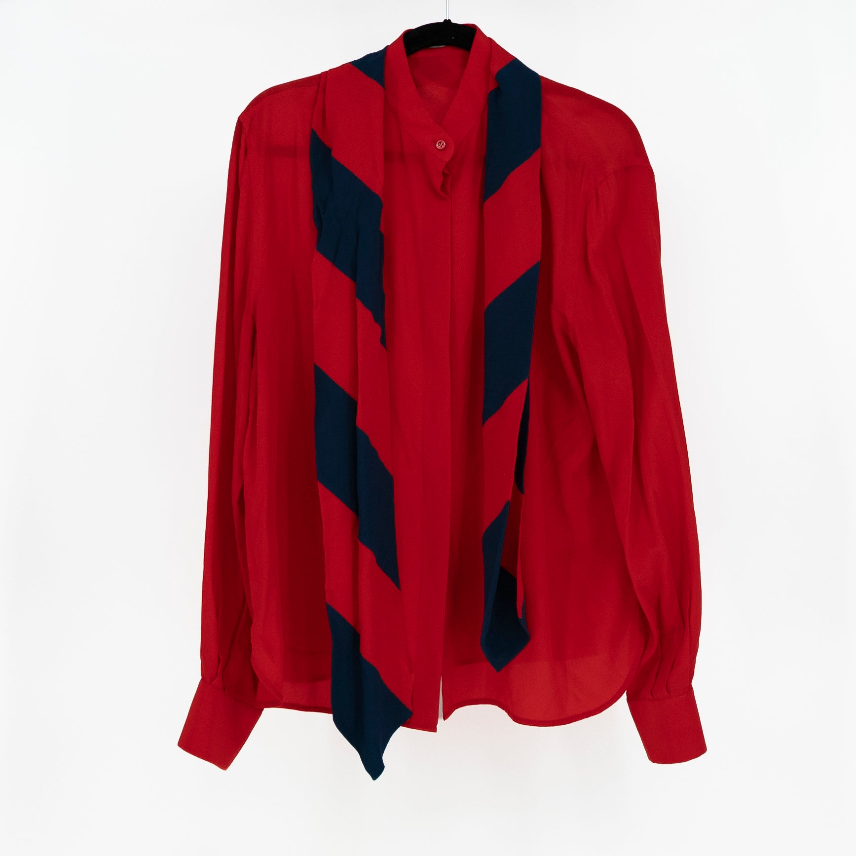 Givenchy Silk Chiffon Collarless Neck Tie Button Front Long Sleeve Blouse Red