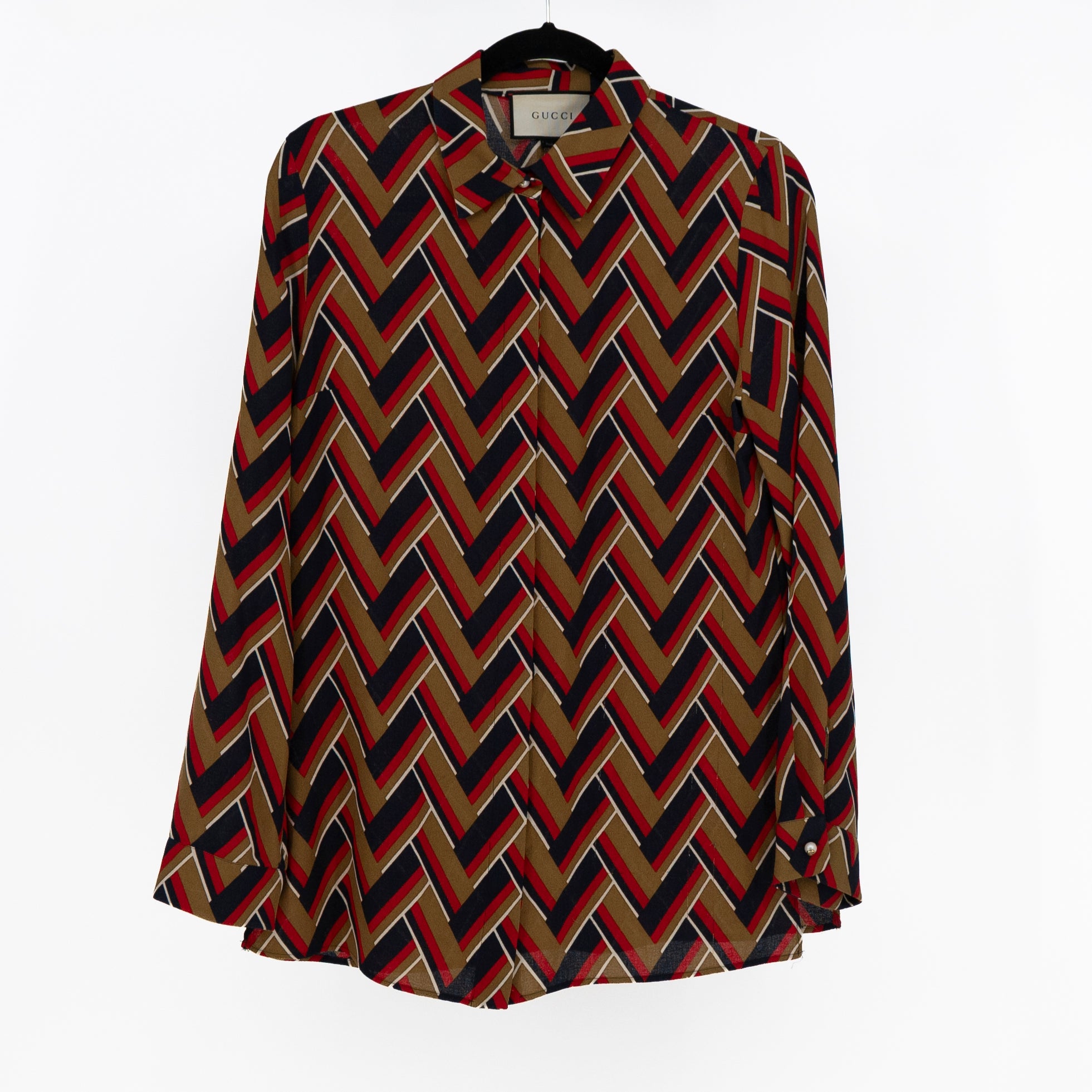 Gucci Women's Made In Italy Wool Silk Geometric Print Button Up Blouse Shirt L