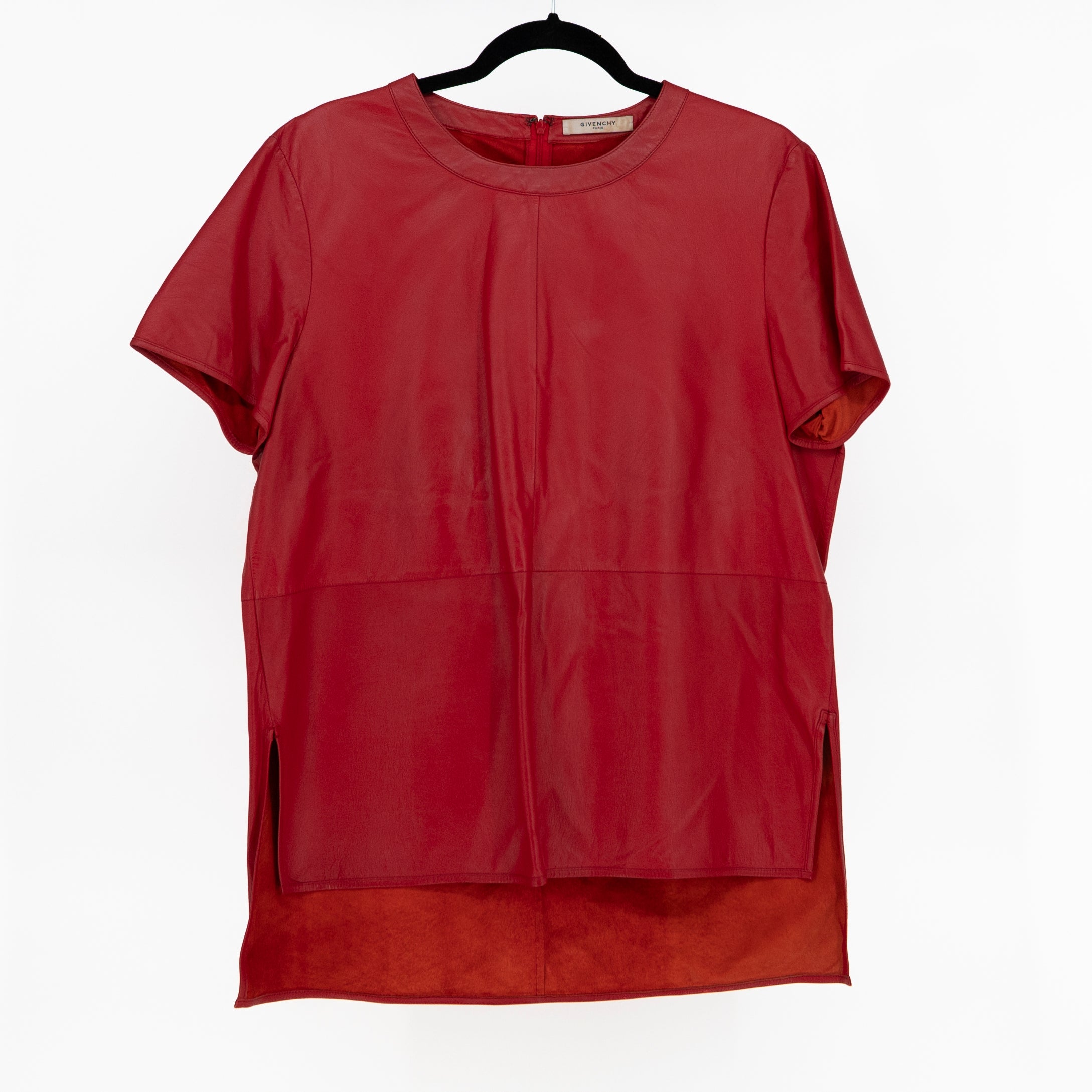 Givenchy Paris Women's Genuine Leather Short Sleeve Crew Neck Tee Shirt Top Red