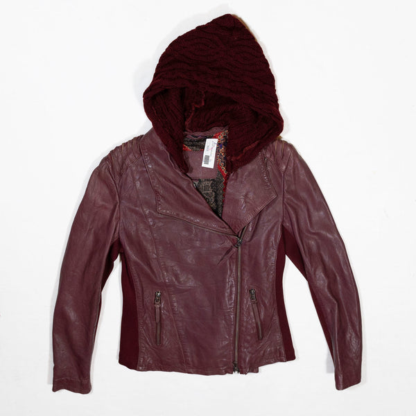 NEW Bano Eemee Bovina Genuine Leather Knit Hoody Jacket Coat Burgundy Red 8