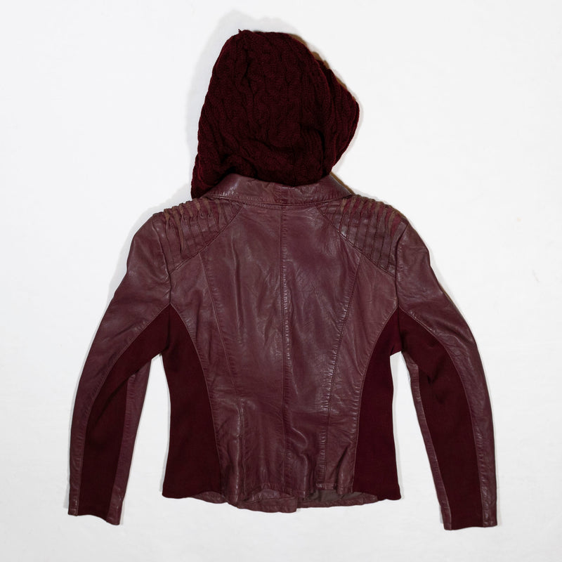 NEW Bano Eemee Bovina Genuine Leather Knit Hoody Jacket Coat Burgundy Red 8