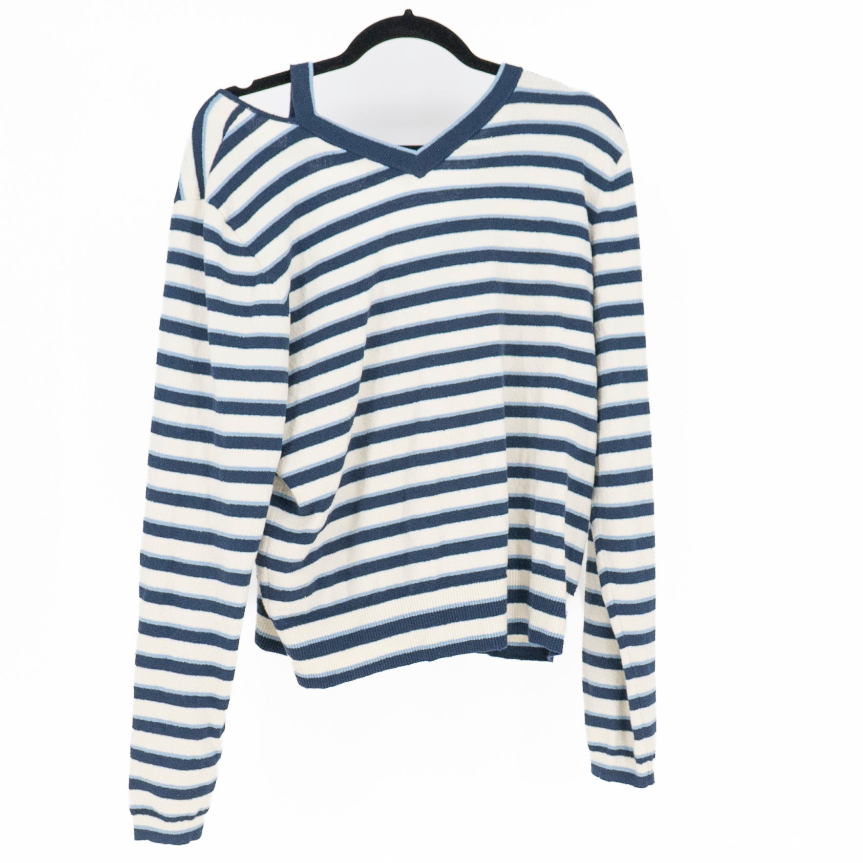 Veronica Beard Cotton Blend Split Neck Off The Shoulder V Neck Sweater Stripe