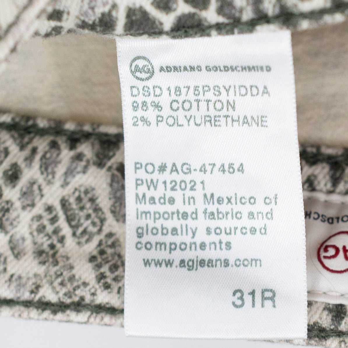 NEW AG Adriano Goldschmied Cotton Skinny Leg Jeans Syidda Snake Print 31