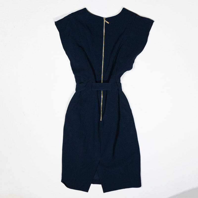 Eliza J Ponte Ruffle Short Sleeve V Neck Belted Mini Sheath Dress Navy Blue 8