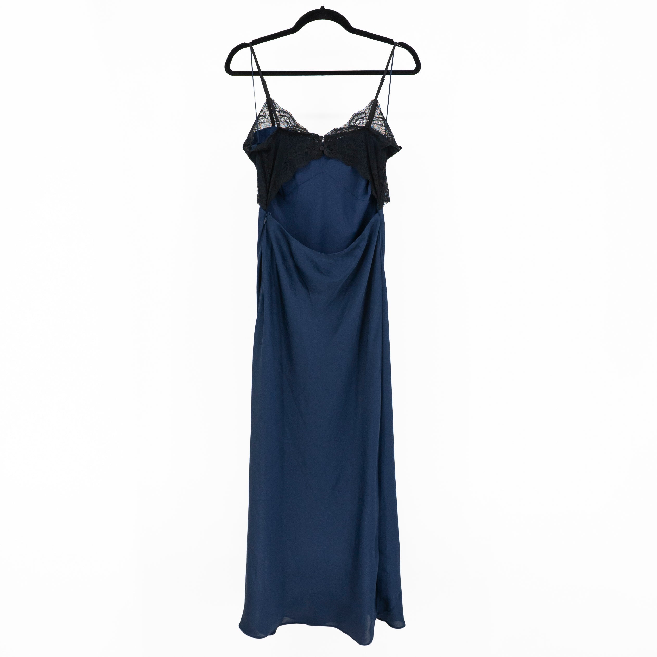 Abercrombie & Fitch Satin Sheer Lace Applique Midi Slip Dress Blue Black M