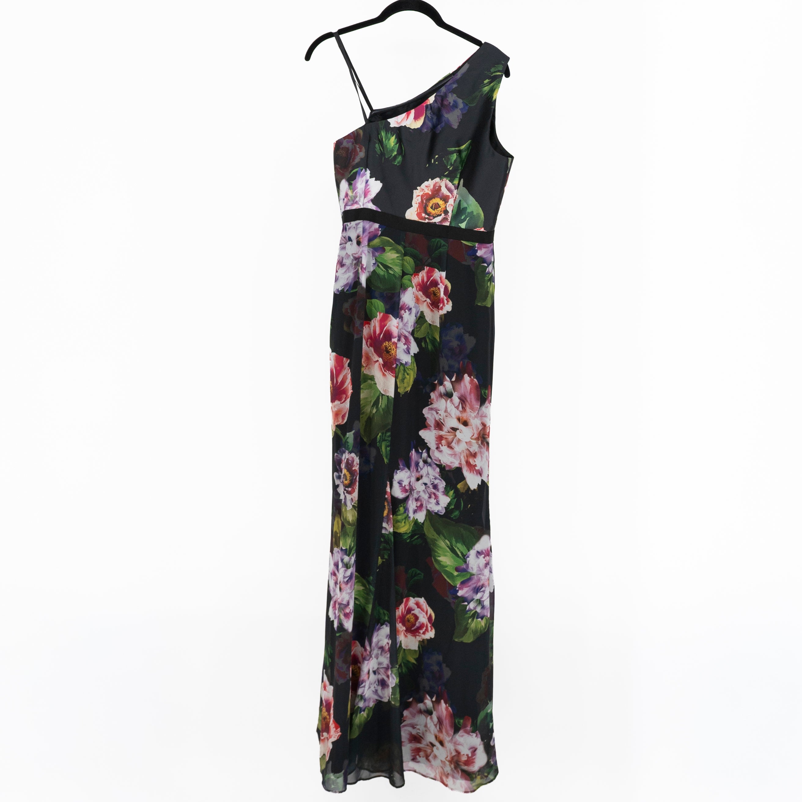 Adrianna Papell Floral Flower Print Sequin Embellished One Shoulder Dress 10
