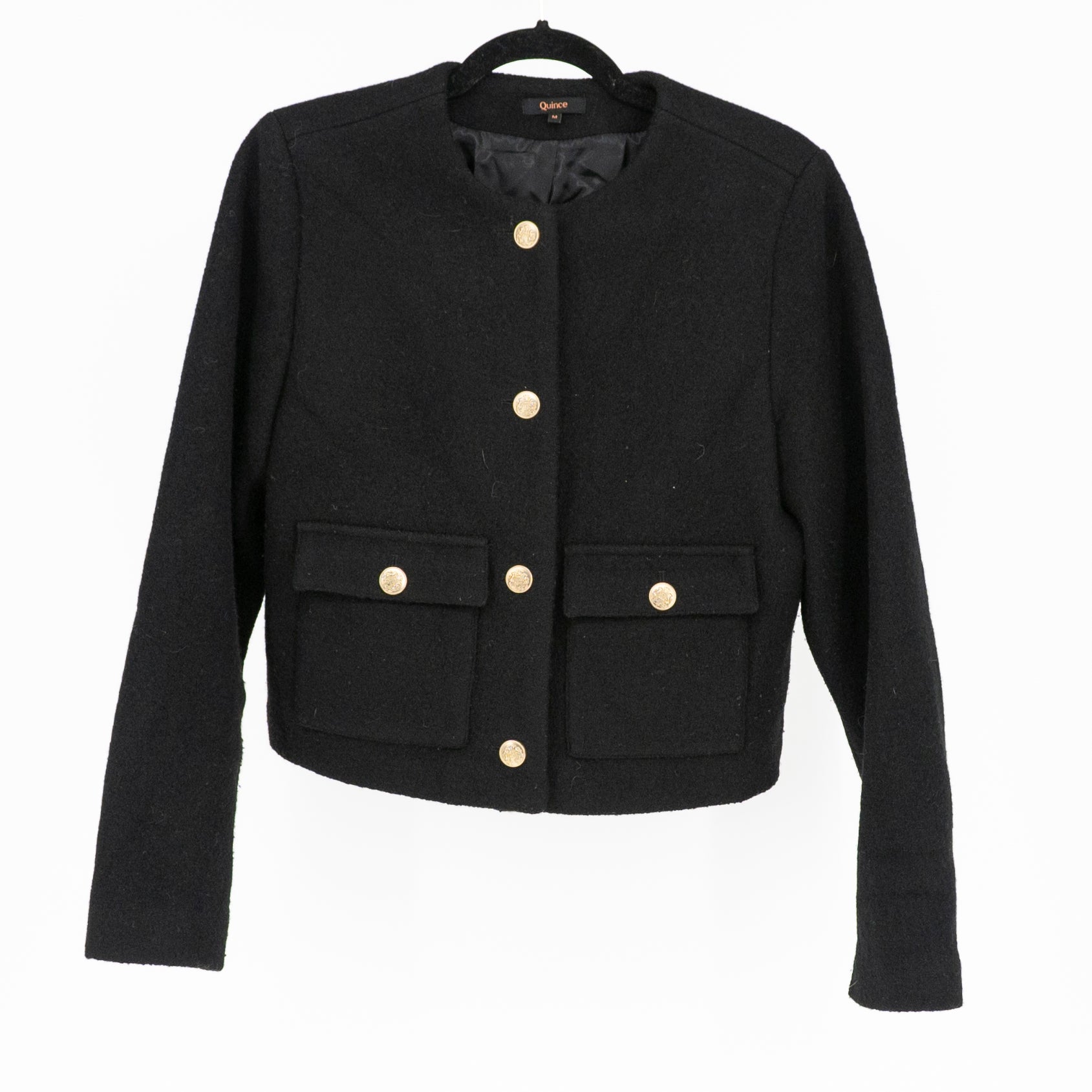 Quince 100% Merino Wool Collarless Cropped Button Front Structured Jacket Black