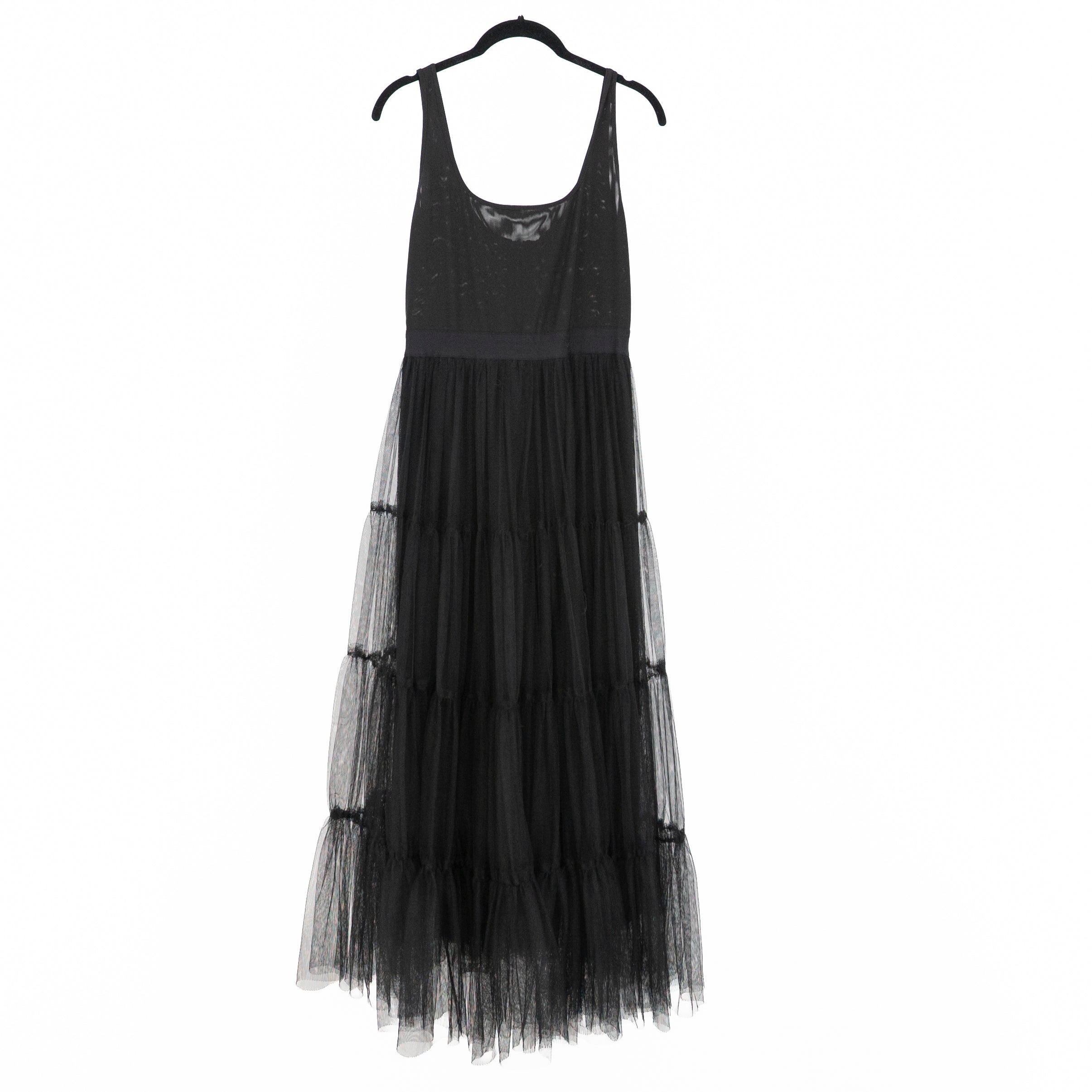 Alice And Olivia Tulle Mesh Scoop Neck Tack Tiered Maxi Long Dress Black 6