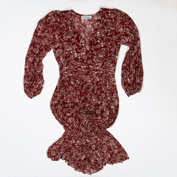 En Saison Chiffon Red Gold Paisley Long Sleeve Pullover Pleated Maxi Dress S