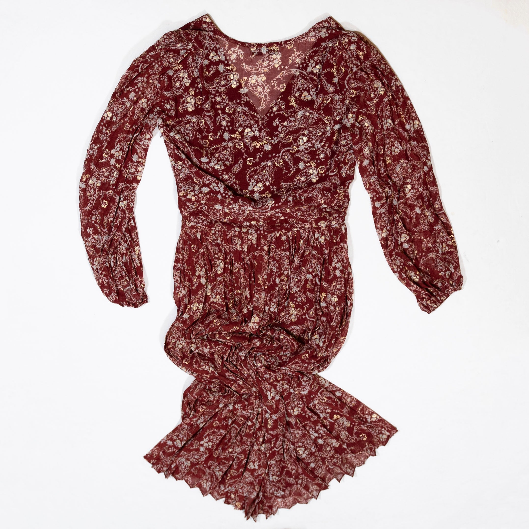 En Saison Chiffon Red Gold Paisley Long Sleeve Pullover Pleated Maxi Dress S
