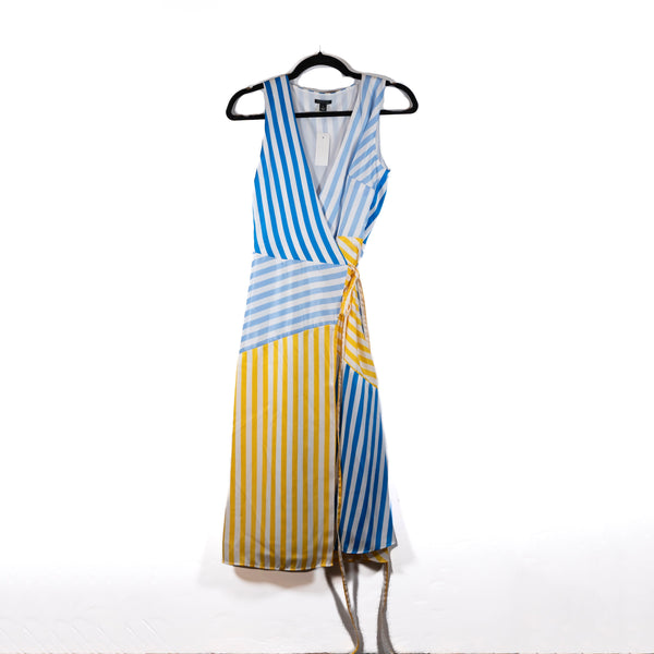 NEW Ann Taylor Blue Yellow Multicolor Stripe Sleeveless Wrap Midi Dress 0