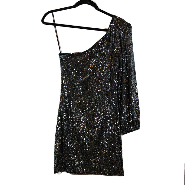 NEW BB Dakota Sequin Skater Sparkle Glitter Embellished One Shoulder Mini Dress