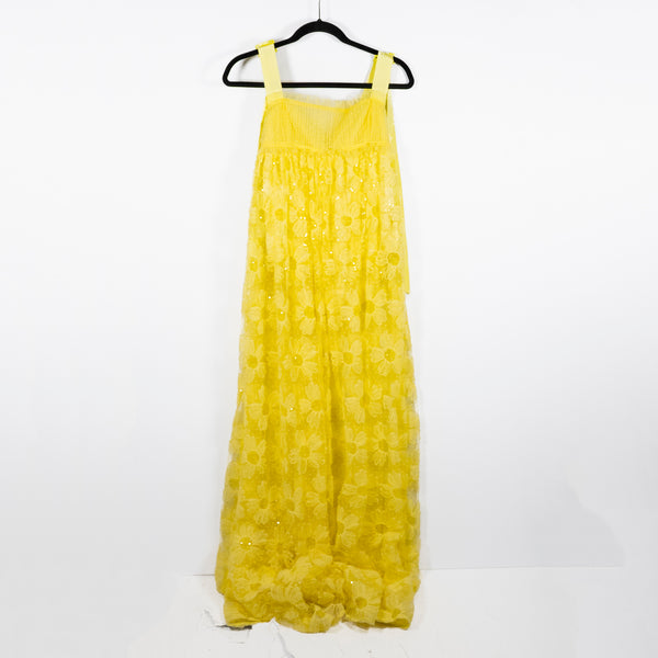 NEW For Love And Lemons Emma Semi Sheer Floral Flower Tulle Maxi Dress Yellow S