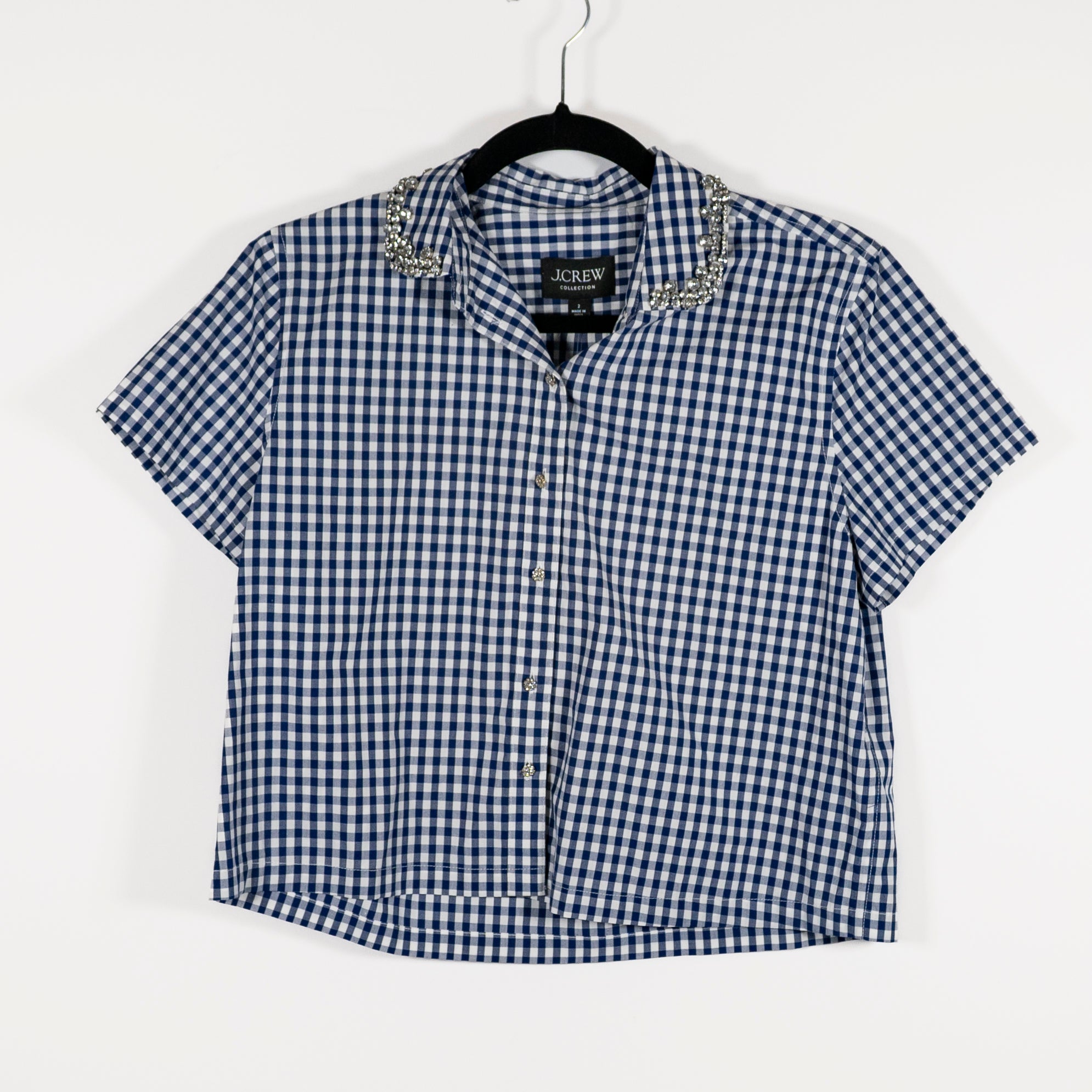 NEW J. Crew Collection Embellished Cotton Poplin Cropped Button-Up Shirt Gingham