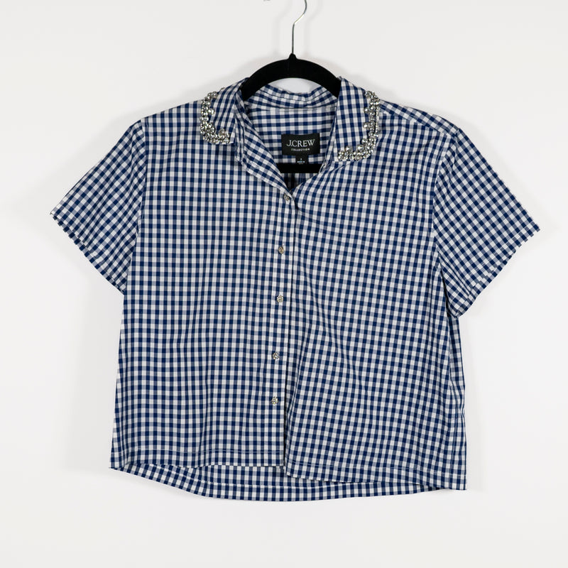 NEW J. Crew Collection Embellished Cotton Poplin Cropped Button-Up Shirt Gingham