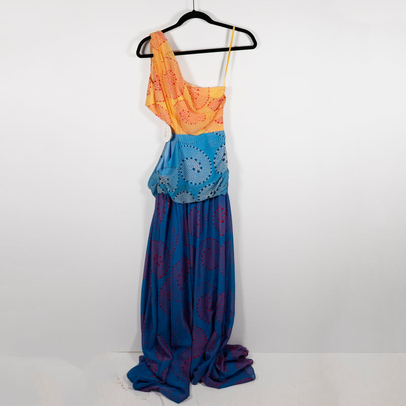 NEW Staud Ashlyn One-Shoulder Cut Out Chiffon Abstract Multi Print Maxi Dress 4