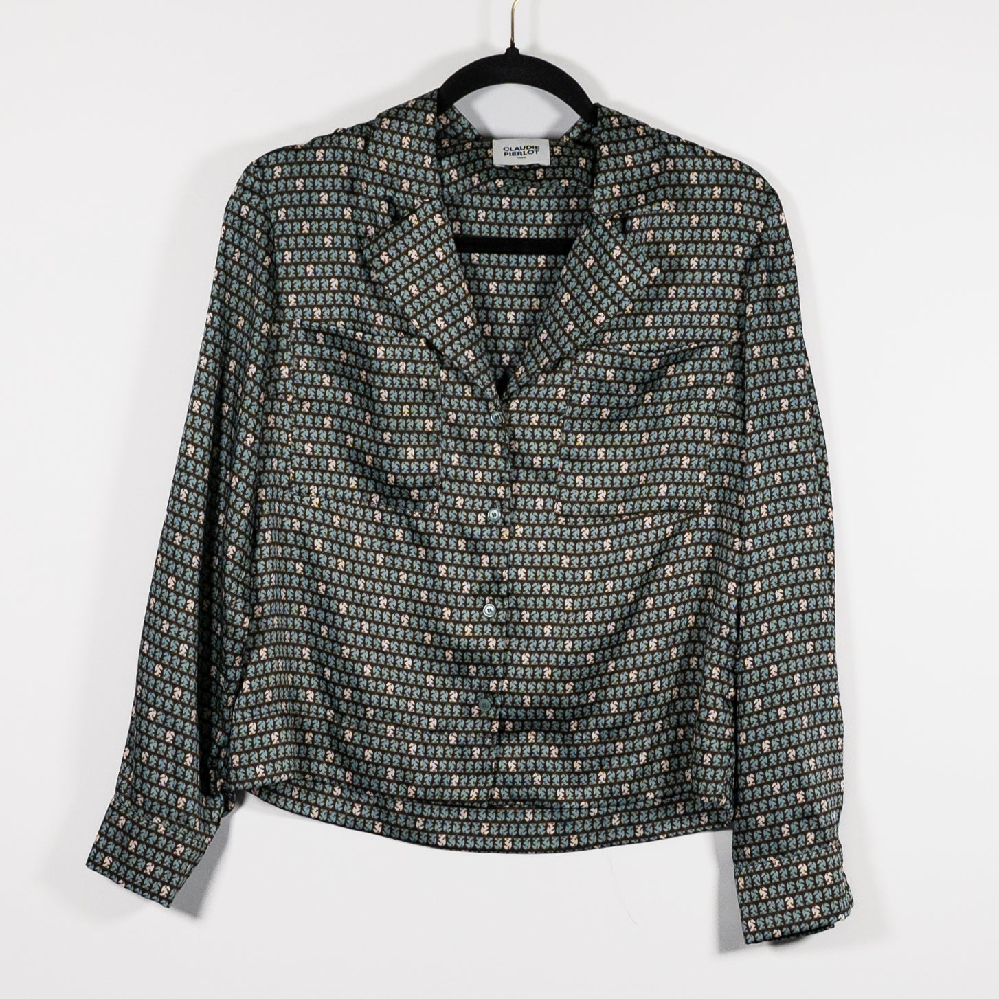 Claudie Pierlot Satin Floaty Collared Long Sleeve Button Down Horse Print Blouse